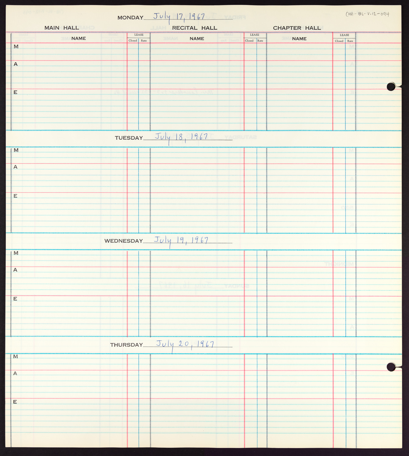 Carnegie Hall Booking Ledger, volume 12, page 94