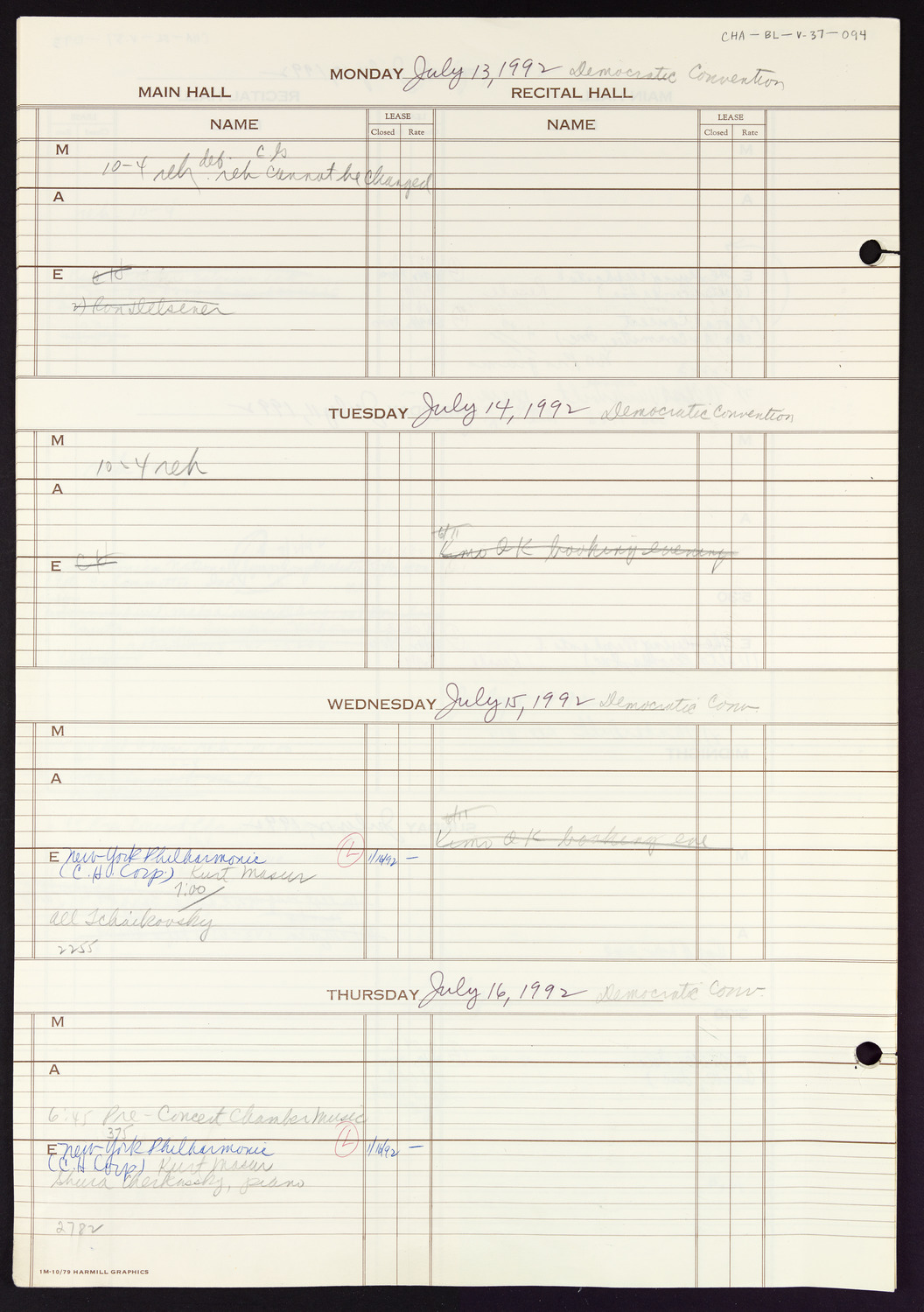 Carnegie Hall Booking Ledger, volume 37, page 94