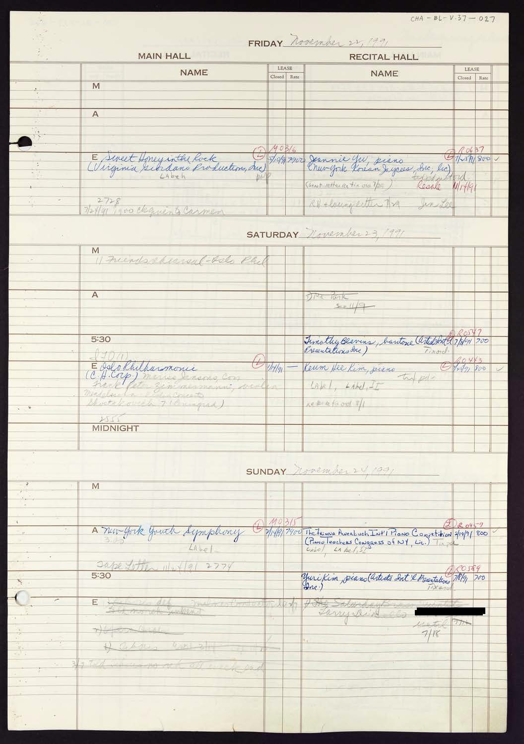 Carnegie Hall Booking Ledger, volume 37, page 27