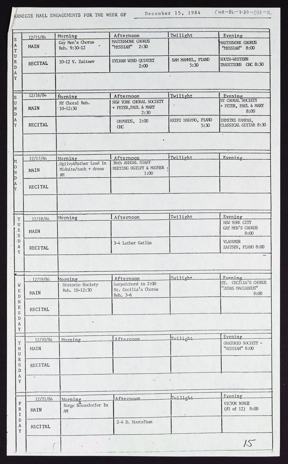 Carnegie Hall Booking Ledger, volume 30, page 33a