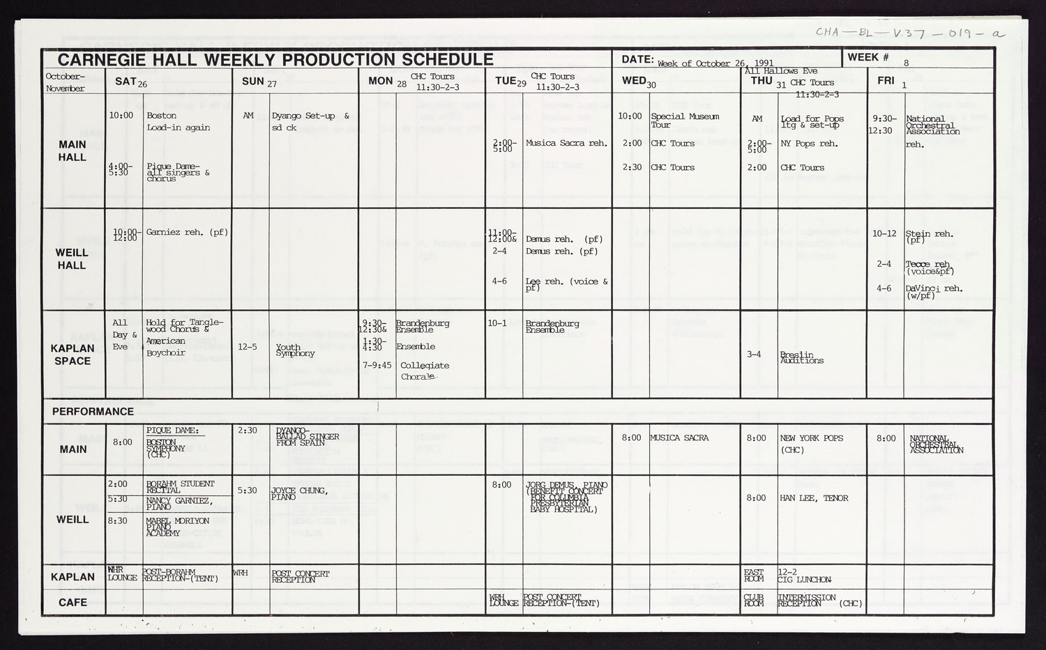 Carnegie Hall Booking Ledger, volume 37, page 19a