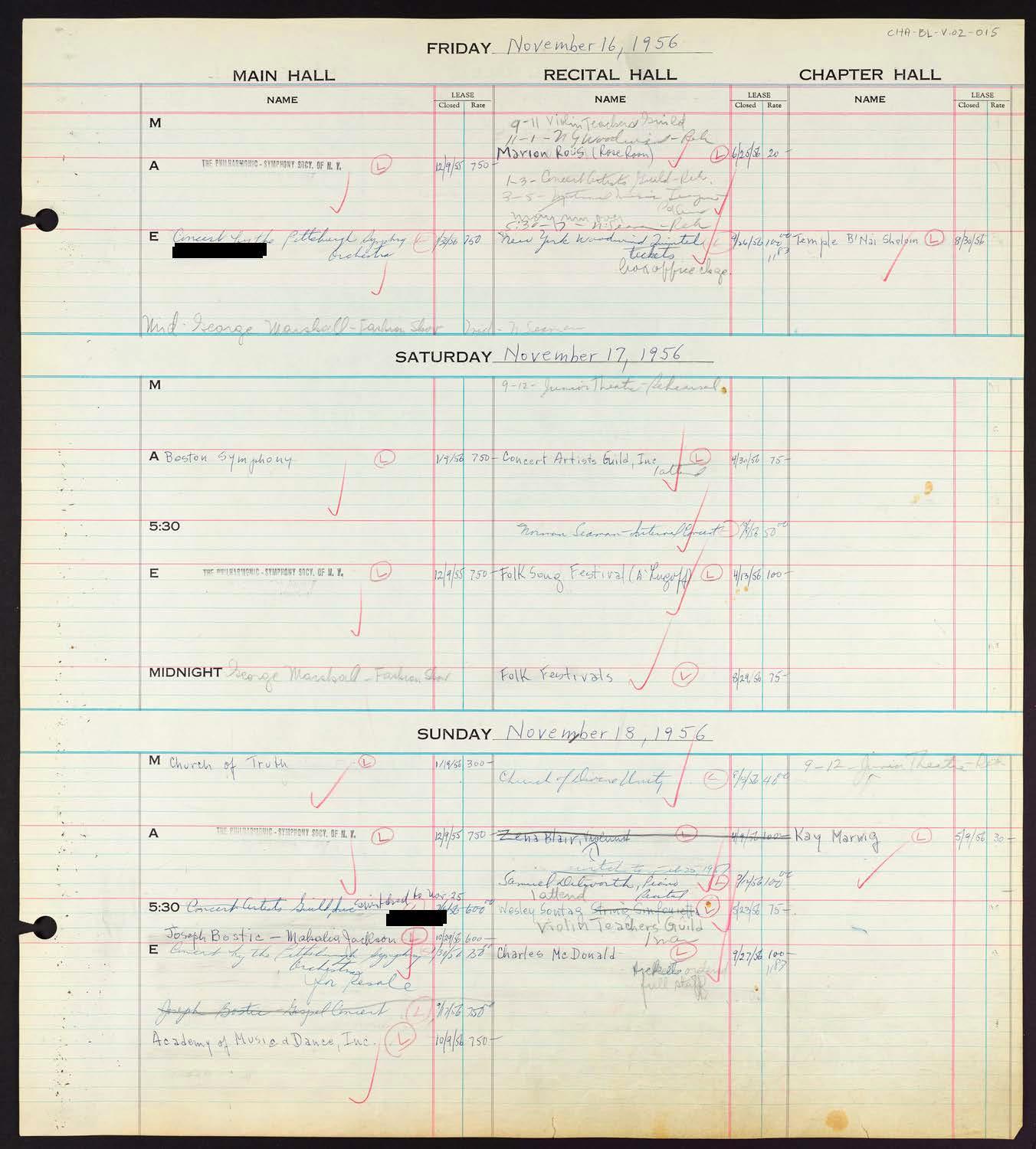 Carnegie Hall Booking Ledger, volume 2, page 15