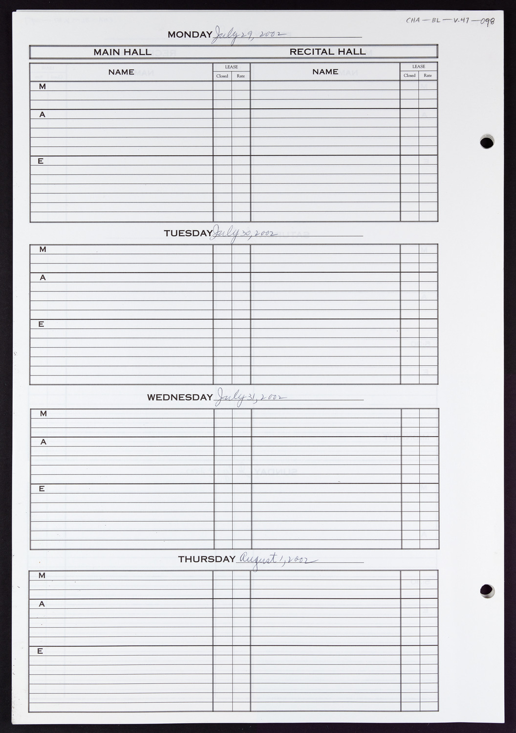 Carnegie Hall Booking Ledger, volume 47, page 98