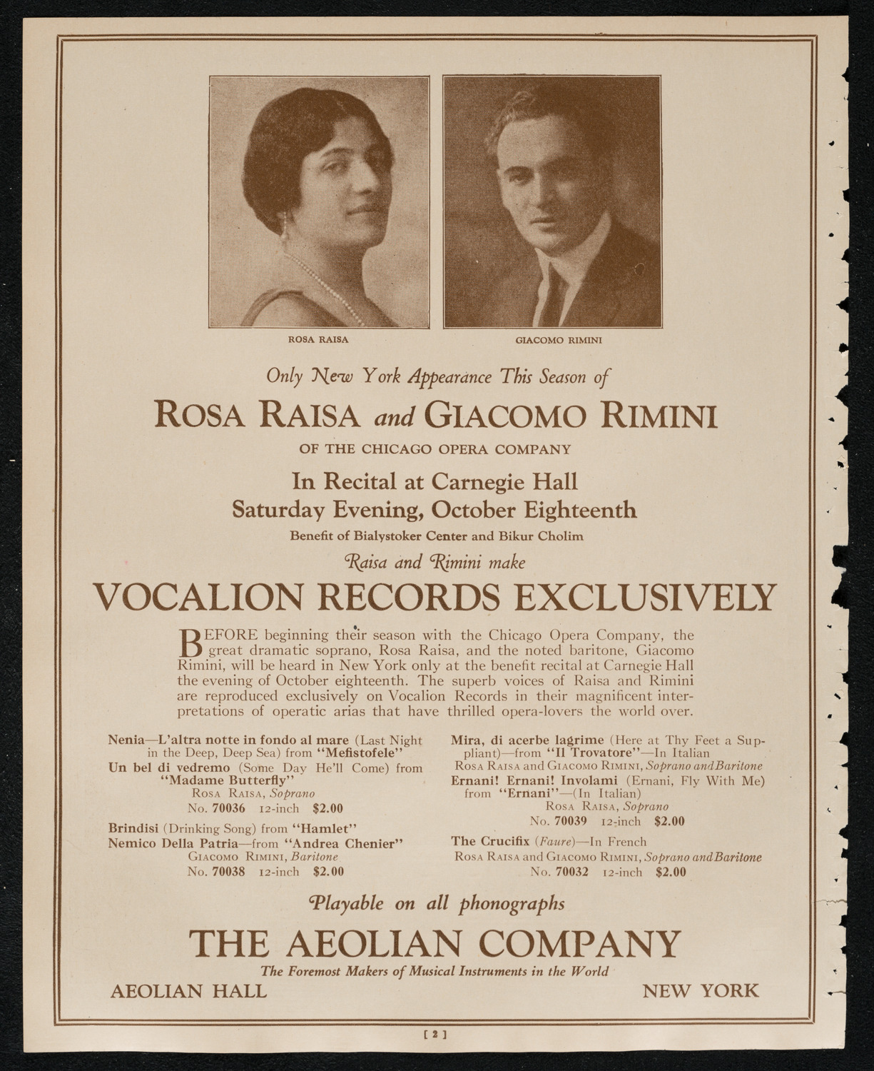 Rosa Raisa, Giacomo Rimini, and Magdeleine Brard, October 18, 1924, program page 2