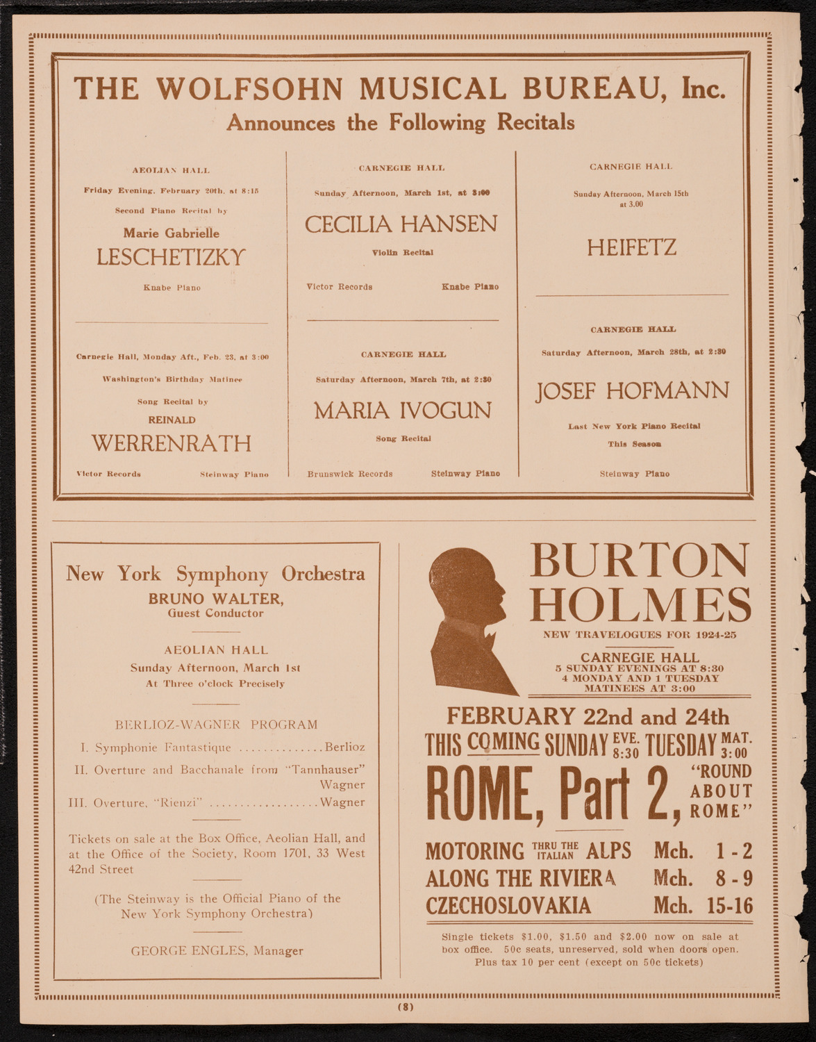 Fritz Kreisler, Violin, February 21, 1925, program page 8