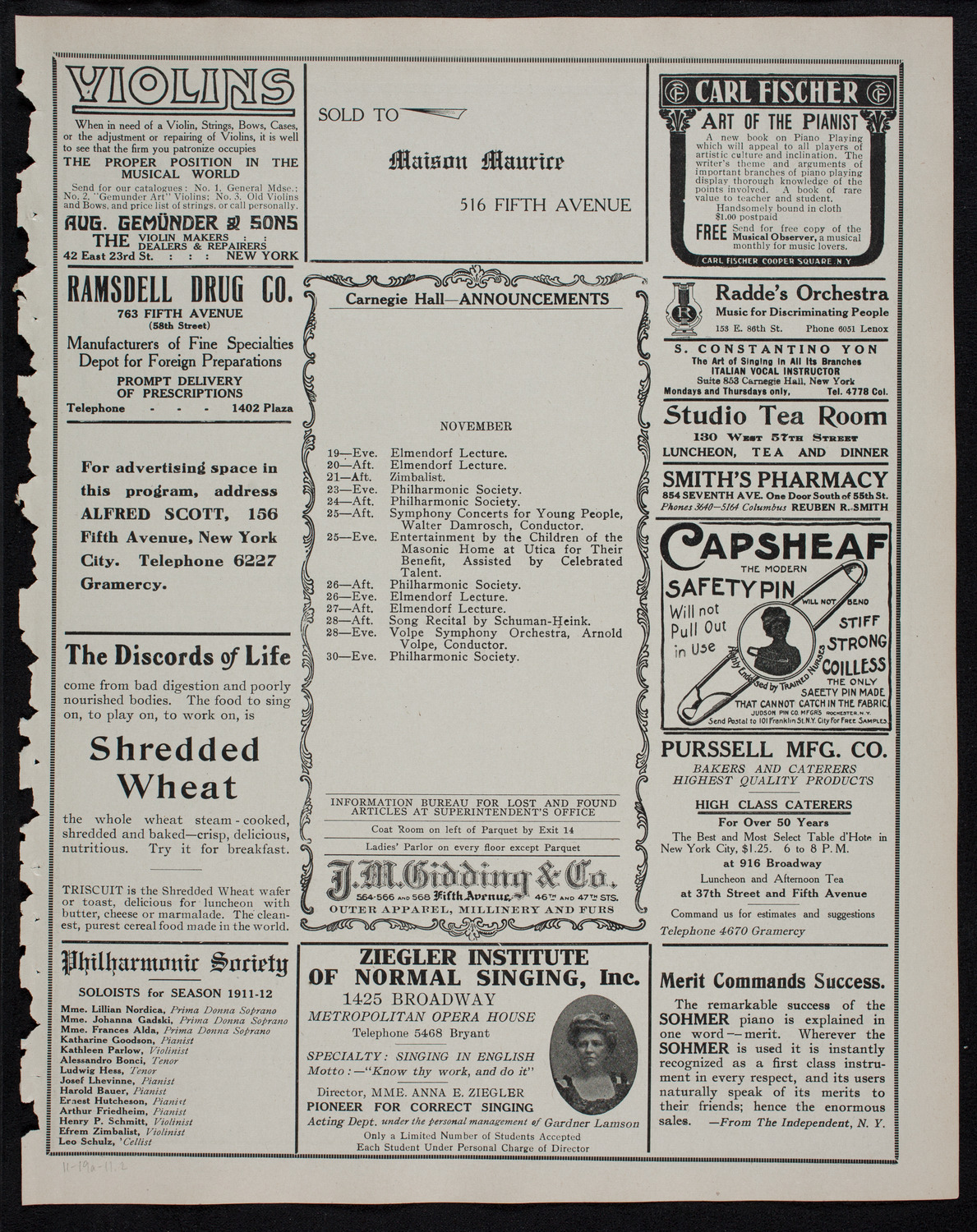 Russian Symphony Society of New York, November 19, 1911, program page 3