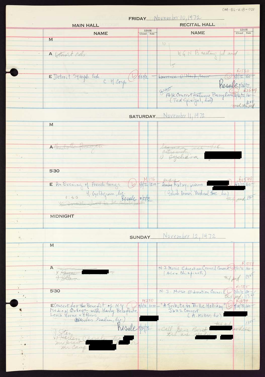 Carnegie Hall Booking Ledger, volume 18, page 21