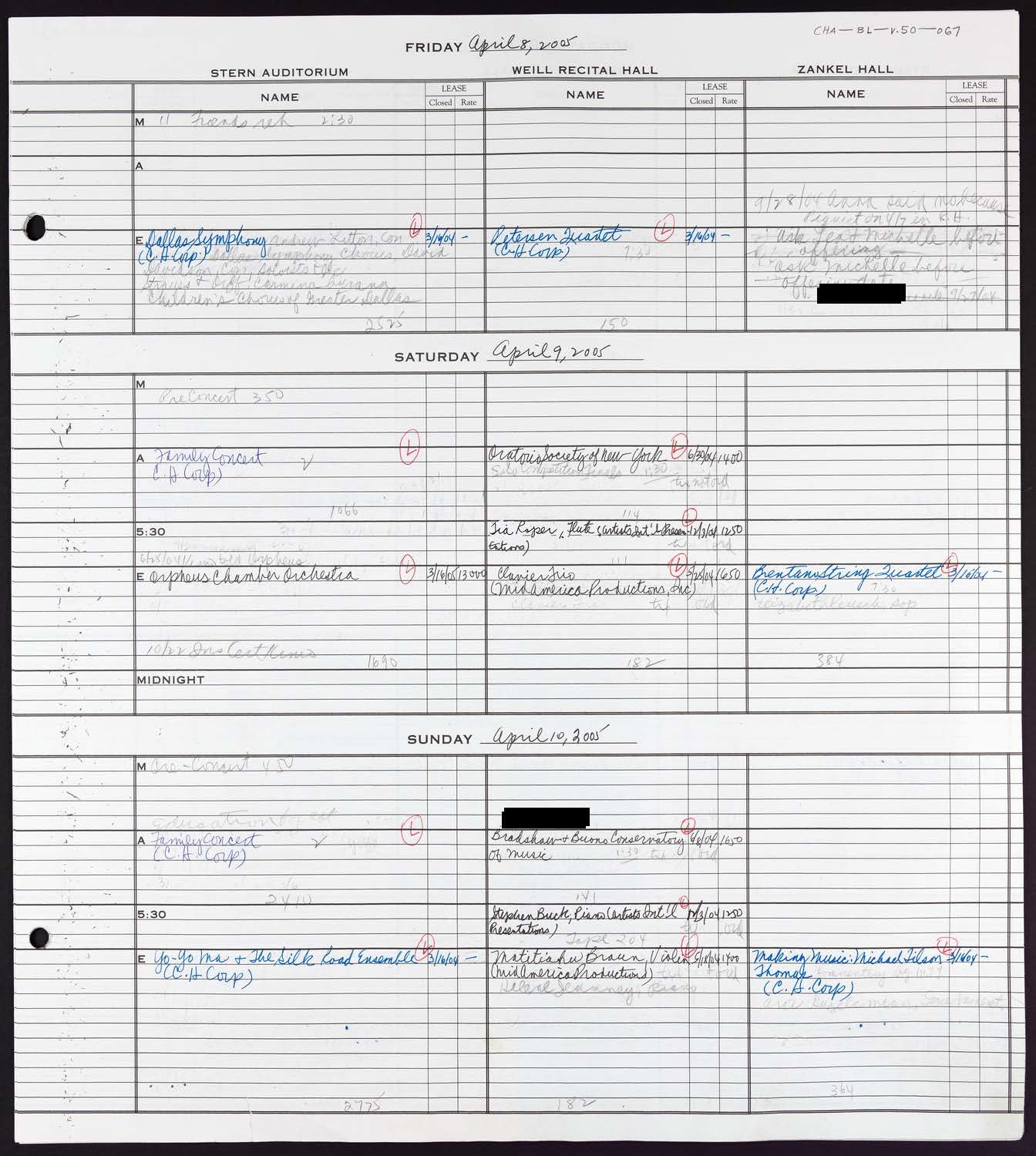 Carnegie Hall Booking Ledger, volume 50, page 67