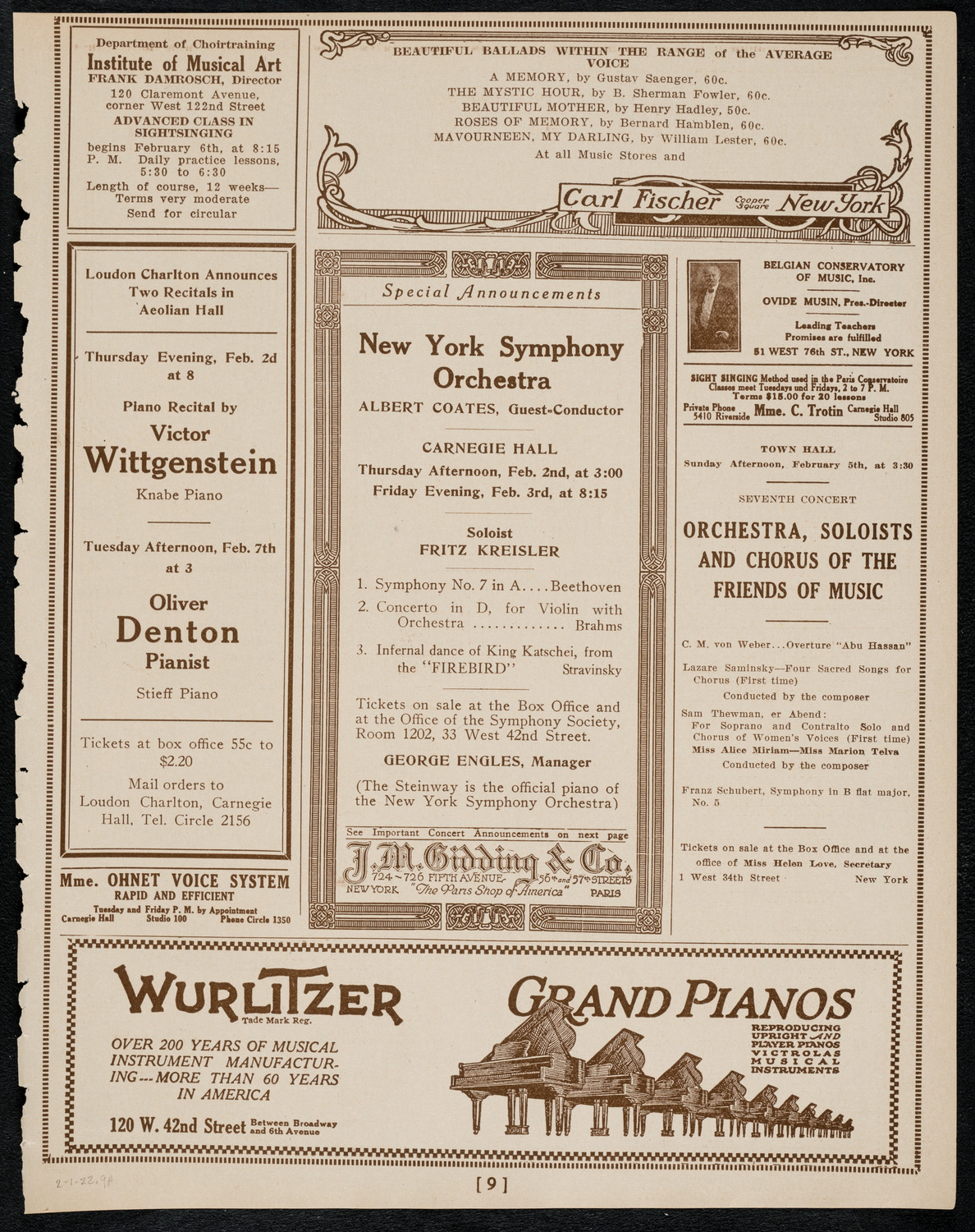 Society of the Friends of Music, February 1, 1922, program page 9