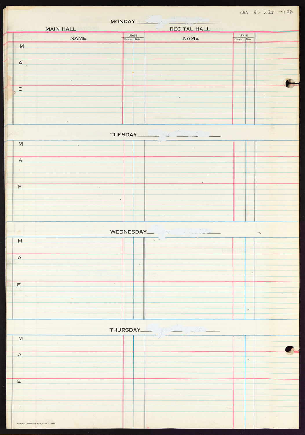 Carnegie Hall Booking Ledger, volume 25, page 106