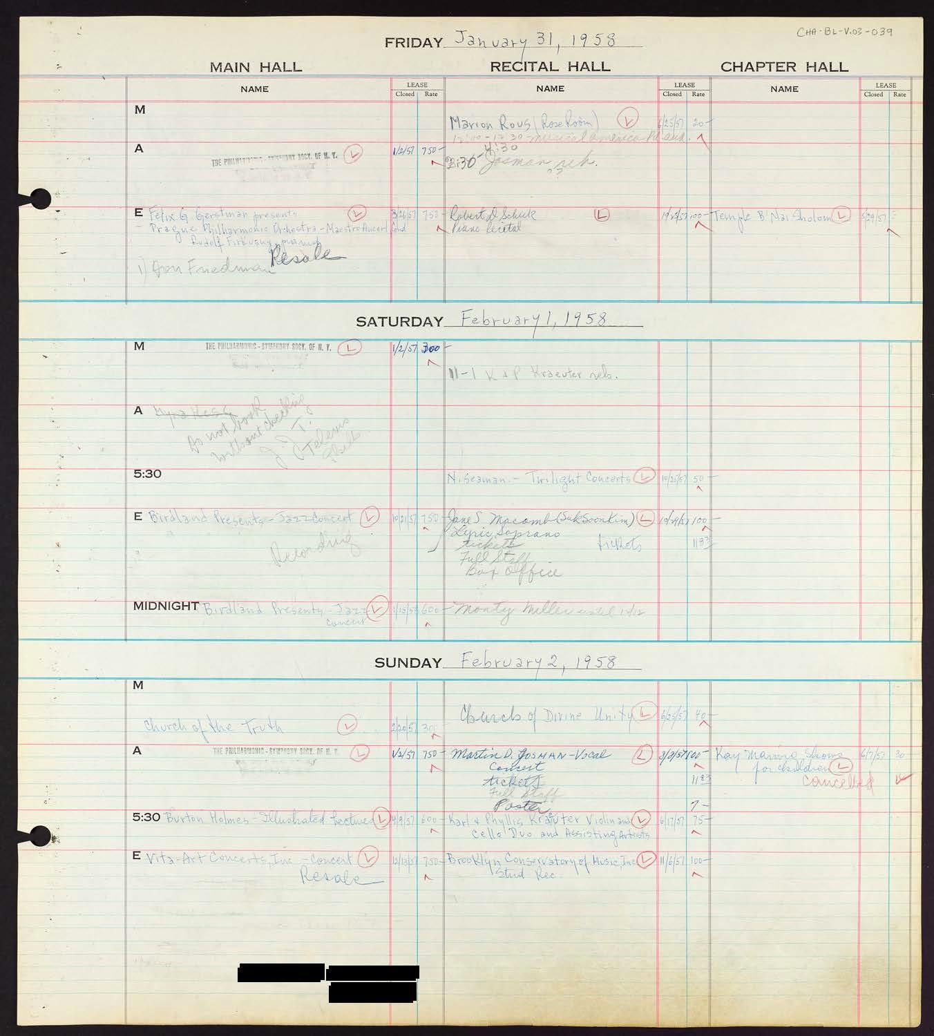 Carnegie Hall Booking Ledger, volume 3, page 39