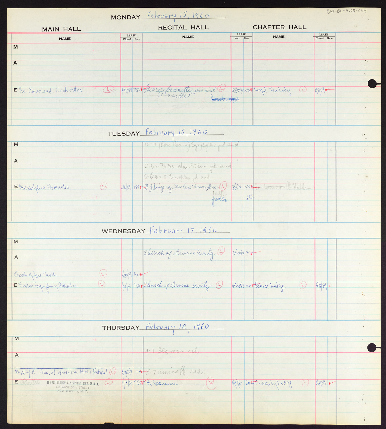 Carnegie Hall Booking Ledger, volume 5, page 44