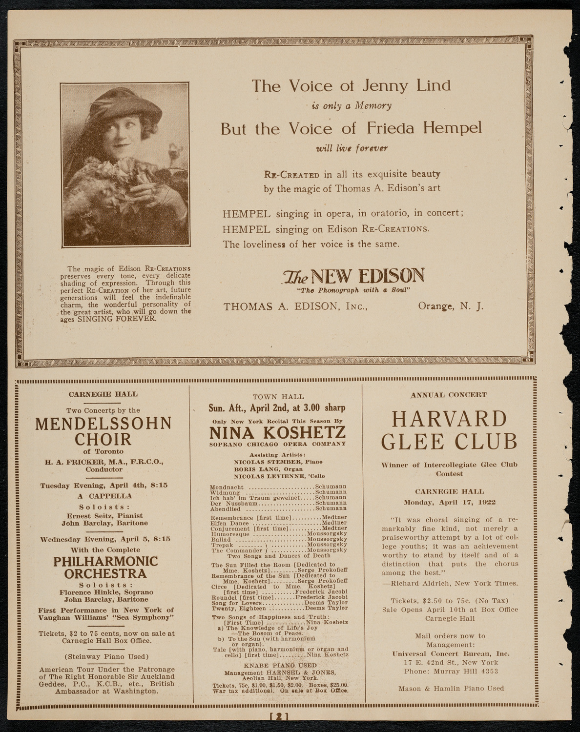 Schola Cantorum of New York, March 29, 1922, program page 2