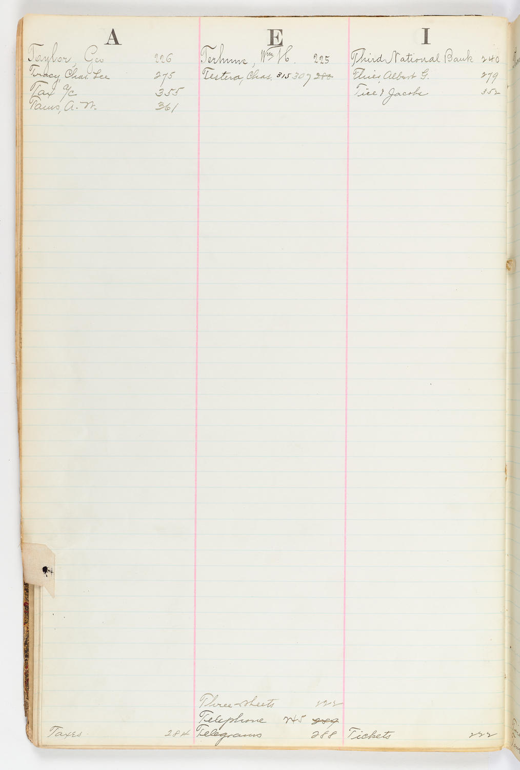 Music Hall Account Ledger Index, volume 2, page 52