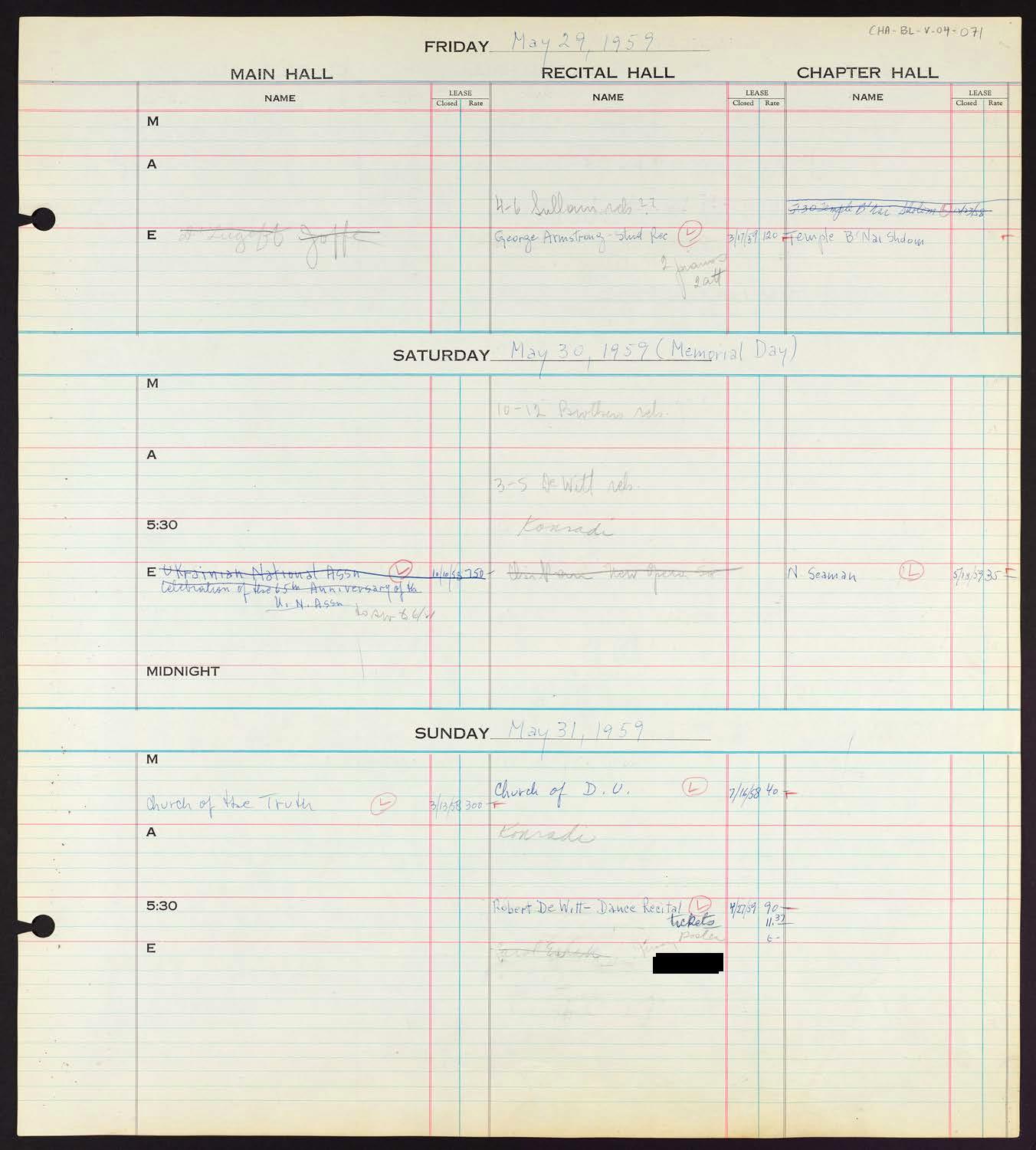 Carnegie Hall Booking Ledger, volume 4, page 71