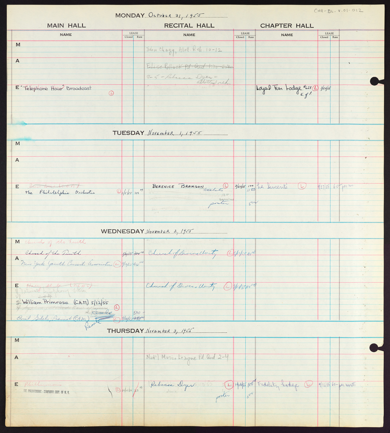 Carnegie Hall Booking Ledger, volume 1, page 12