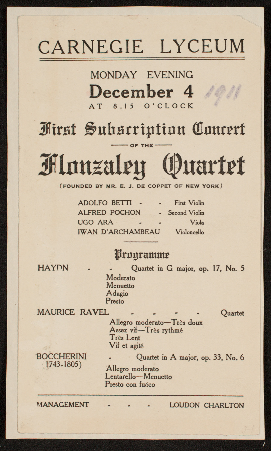 Flonzaley Quartet, December 4, 1911, program page 1