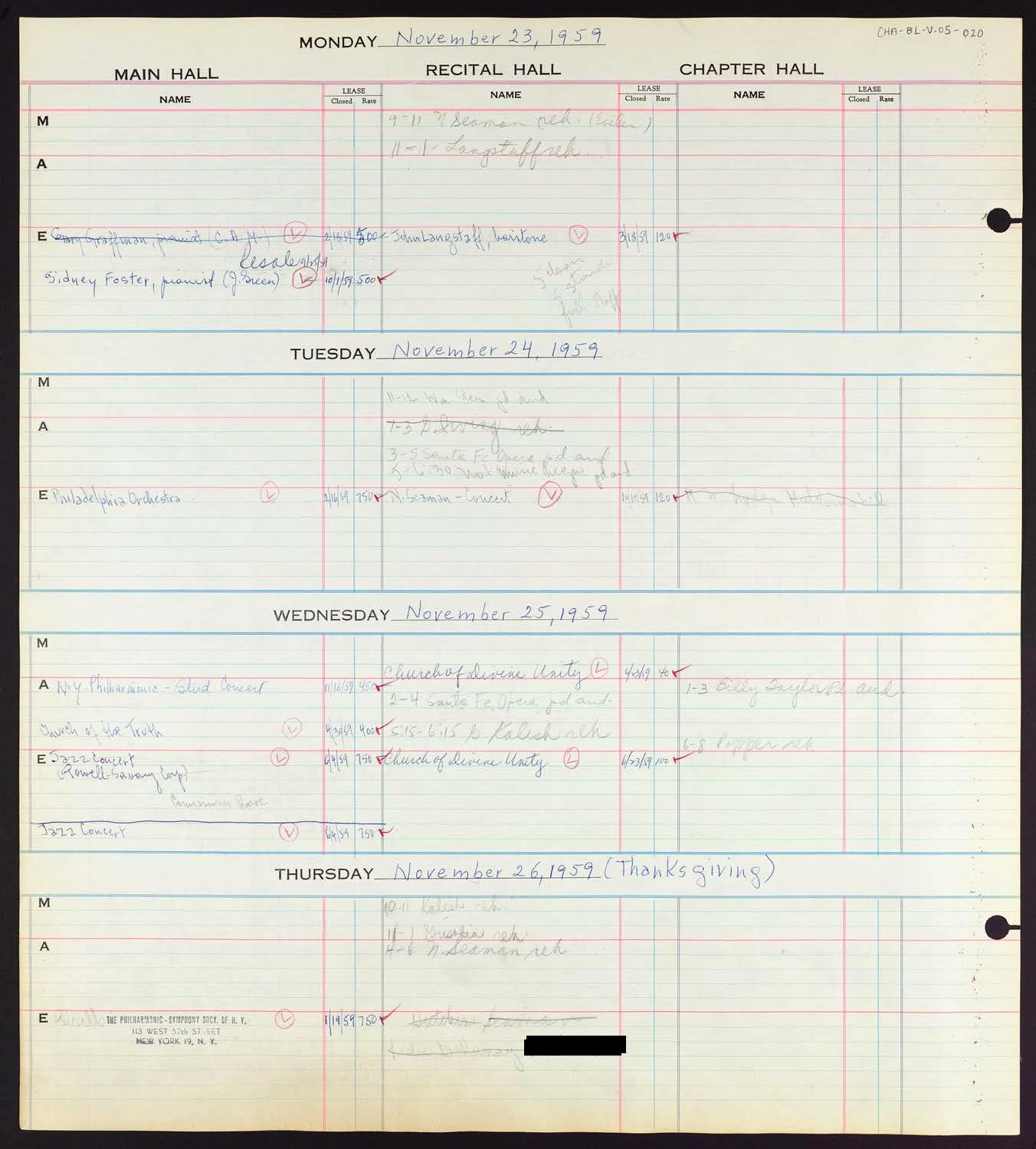 Carnegie Hall Booking Ledger, volume 5, page 20