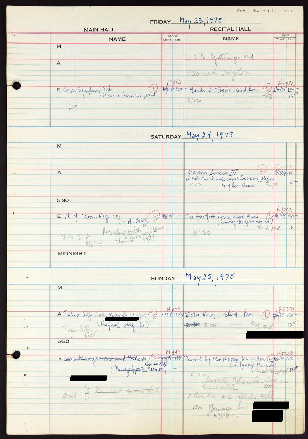 Carnegie Hall Booking Ledger, volume 20, page 77