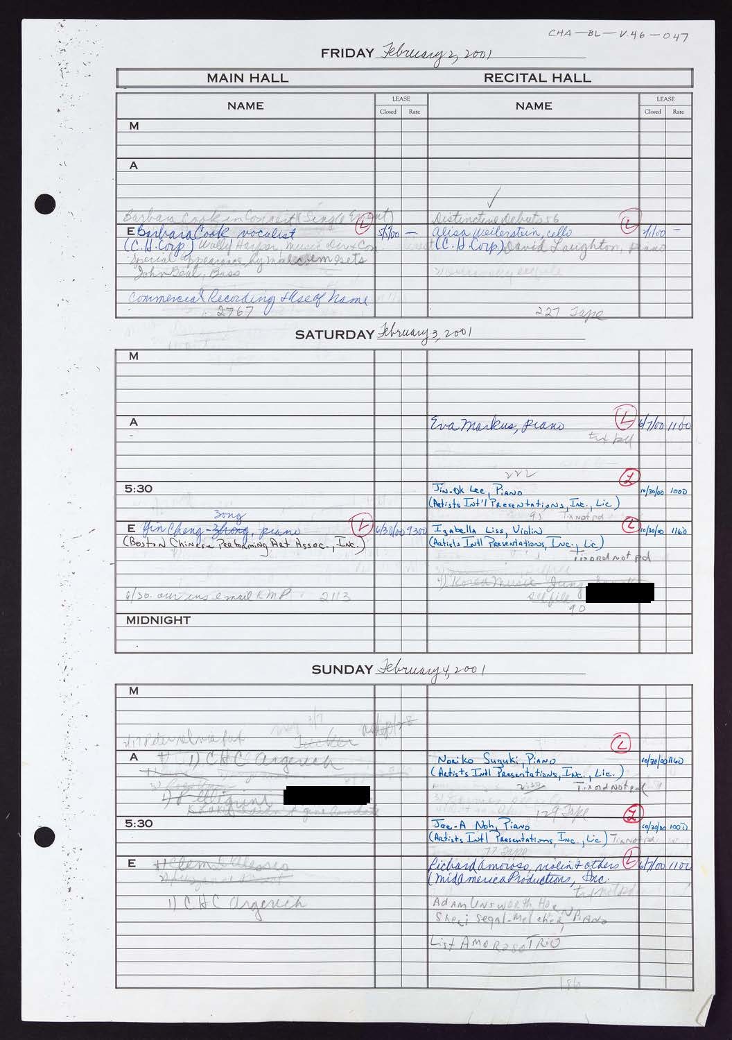 Carnegie Hall Booking Ledger, volume 46, page 47