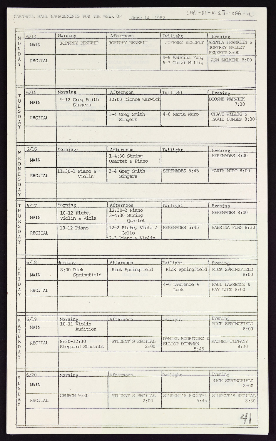 Carnegie Hall Booking Ledger, volume 27, page 86a