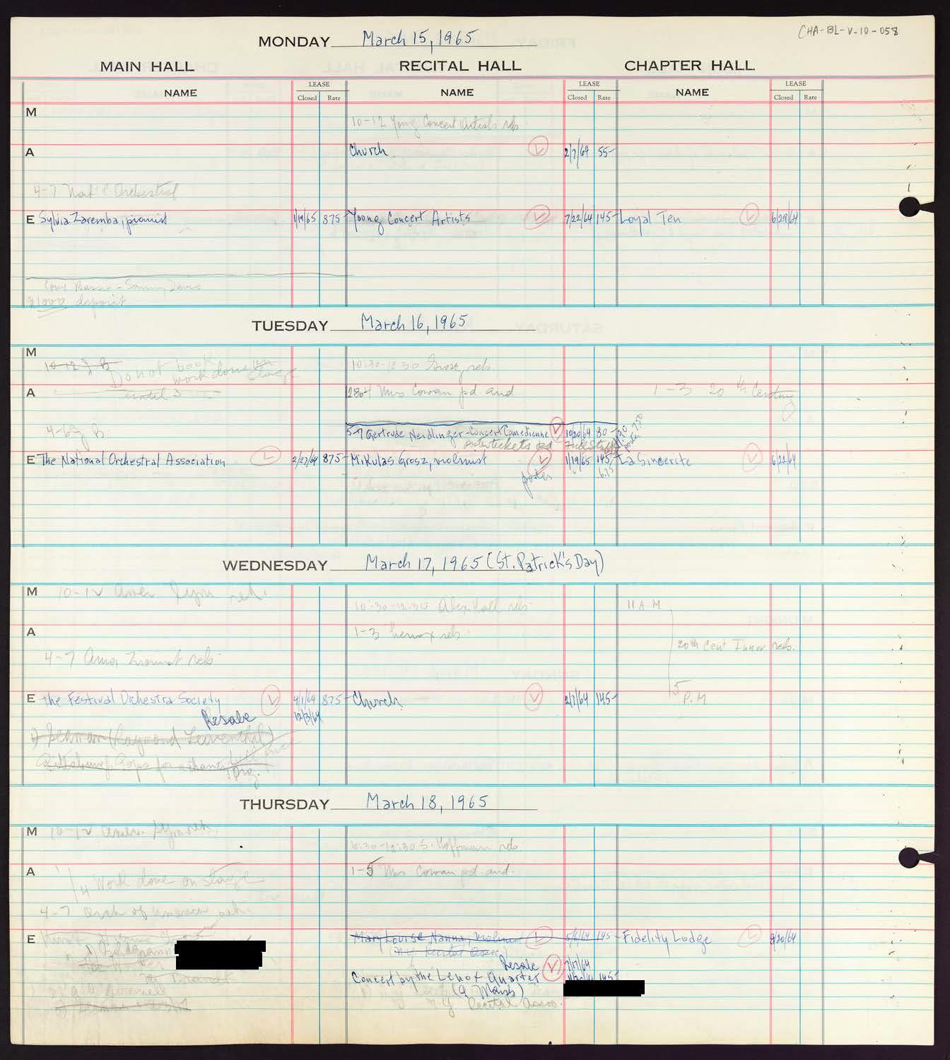 Carnegie Hall Booking Ledger, volume 10, page 58