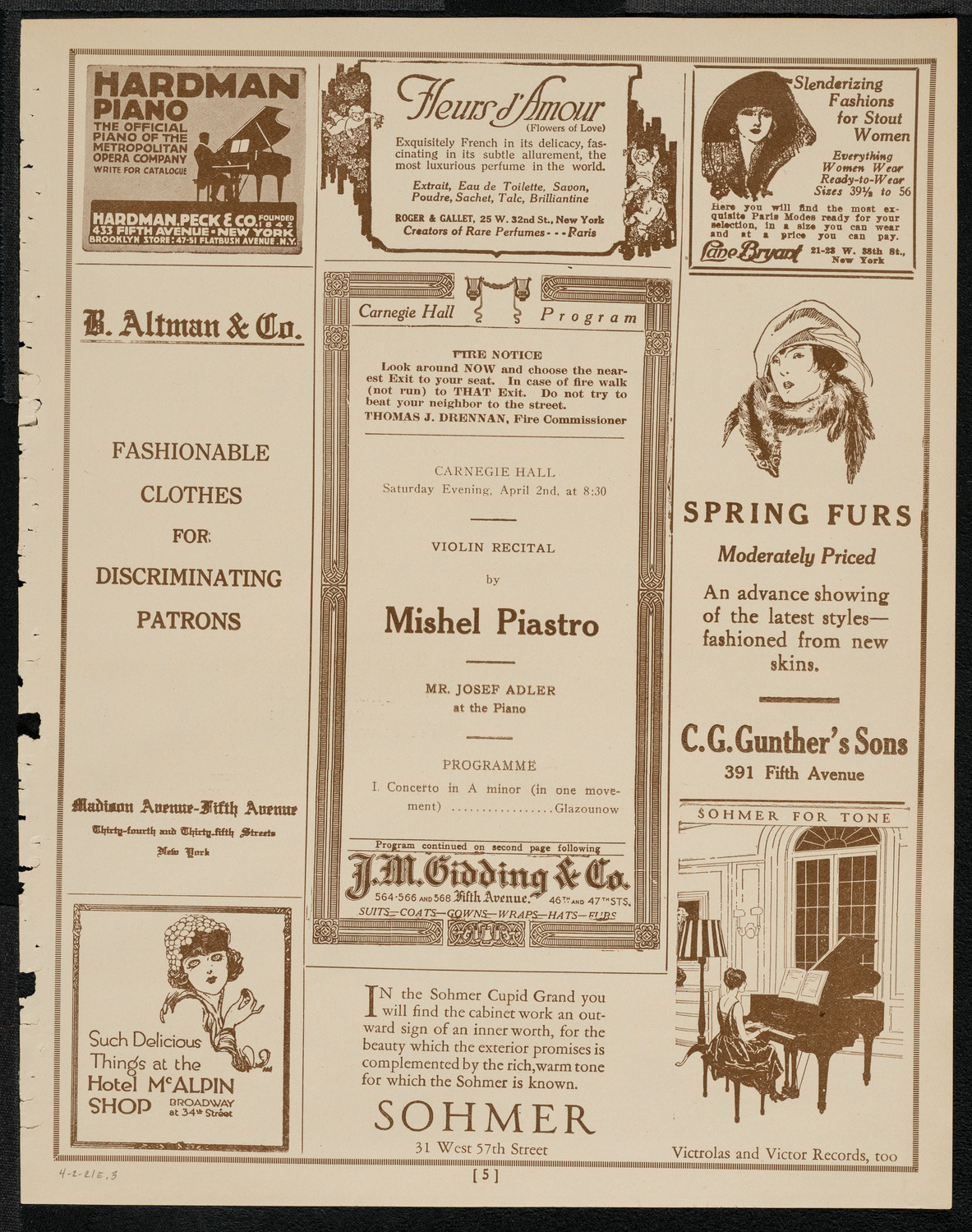 Mishel Piastro, Violin, April 2, 1921, program page 5