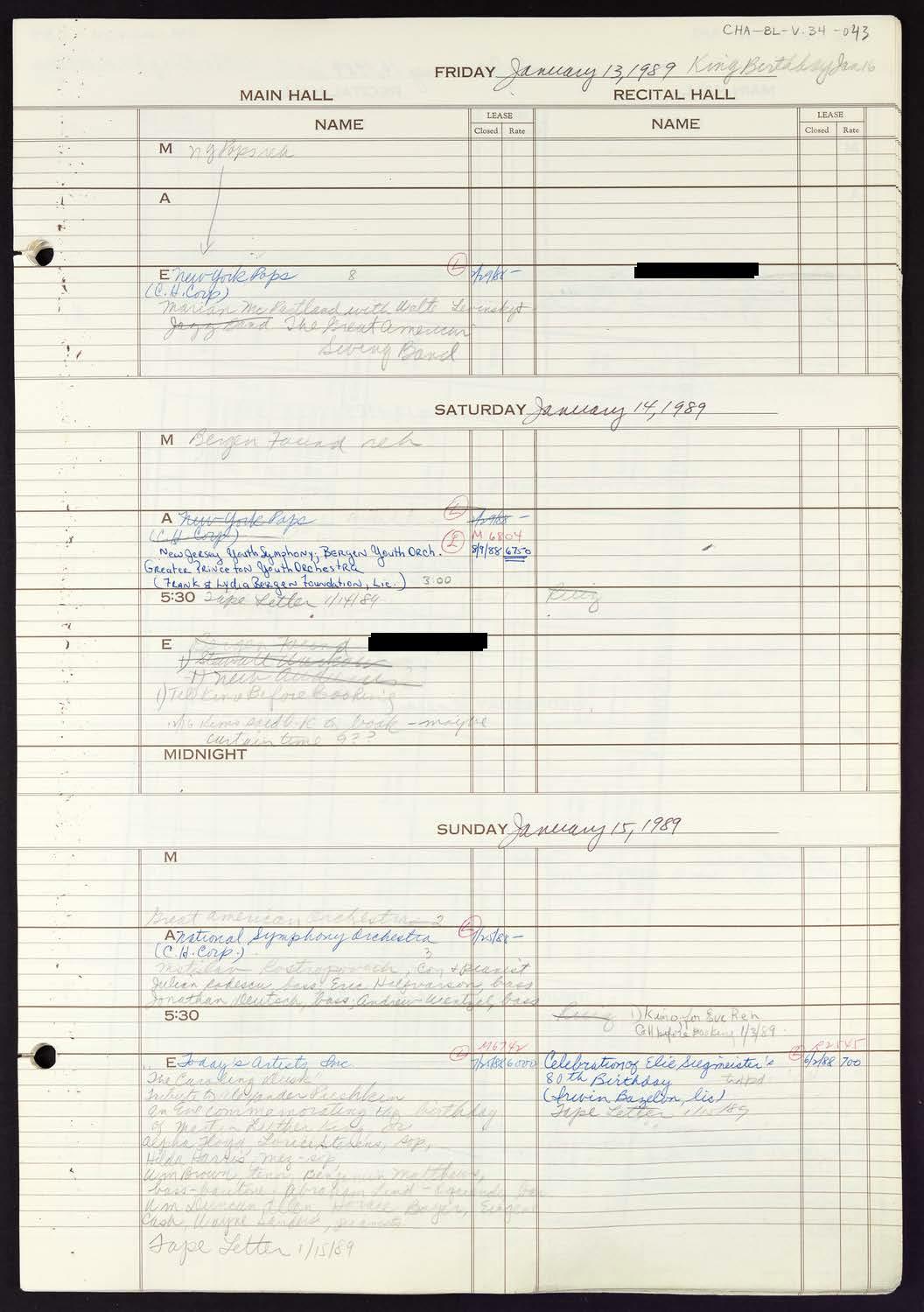 Carnegie Hall Booking Ledger, volume 34, page 43