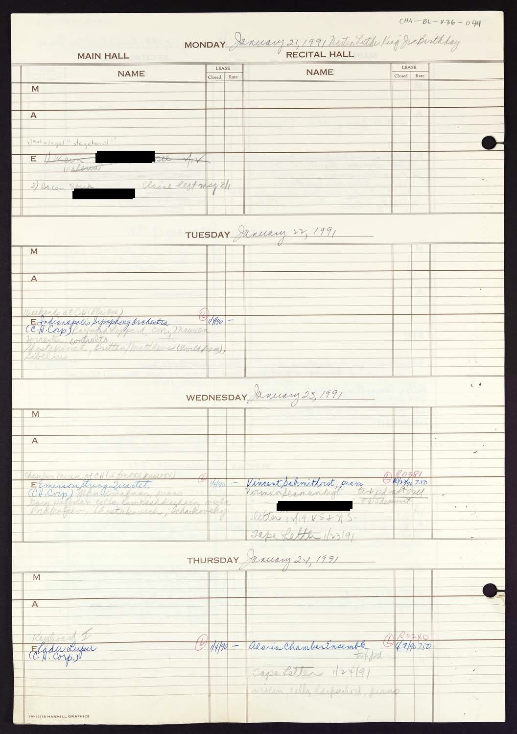 Carnegie Hall Booking Ledger, volume 36, page 44