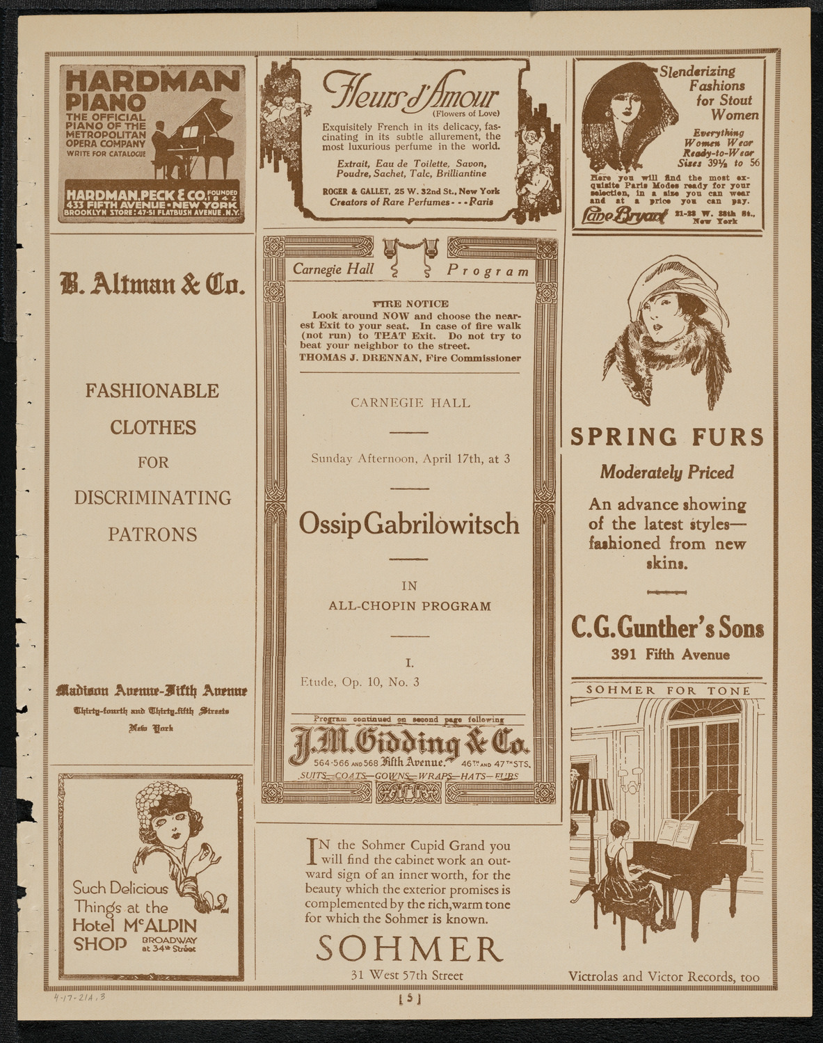 Ossip Gabrilowitsch, Piano, April 17, 1921, program page 5
