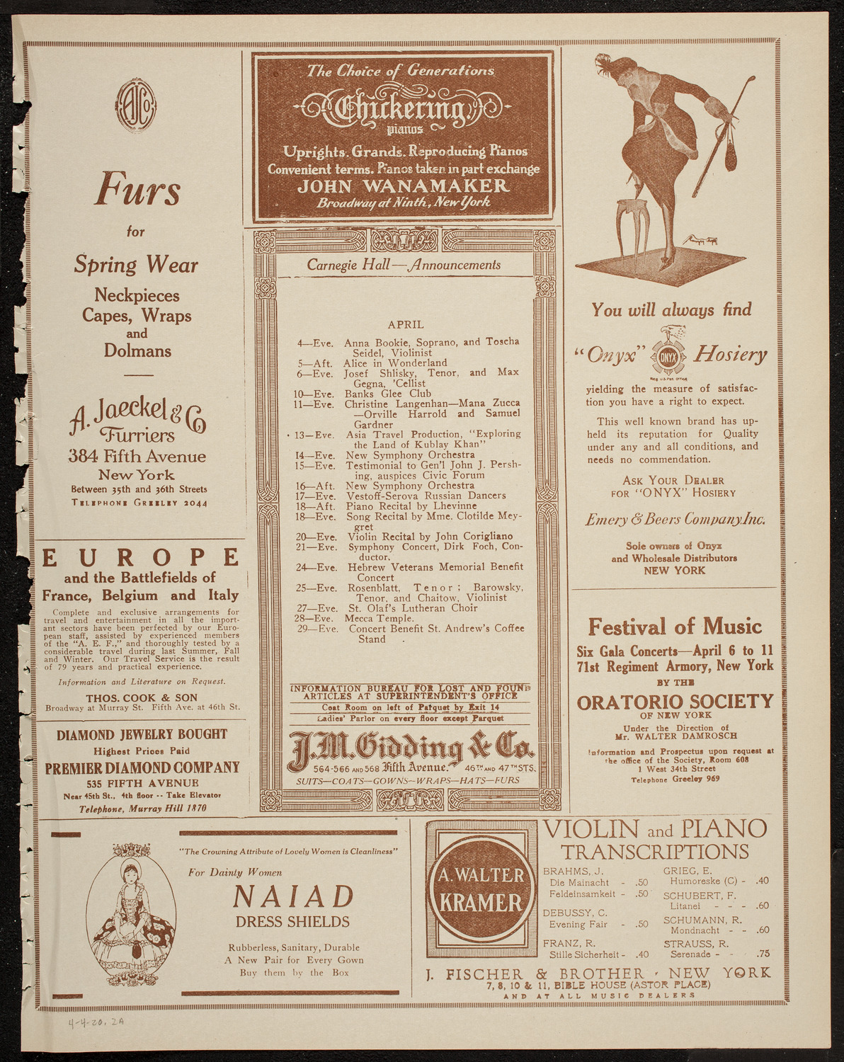 Jascha Heifetz, Violin, April 4, 1920, program page 3