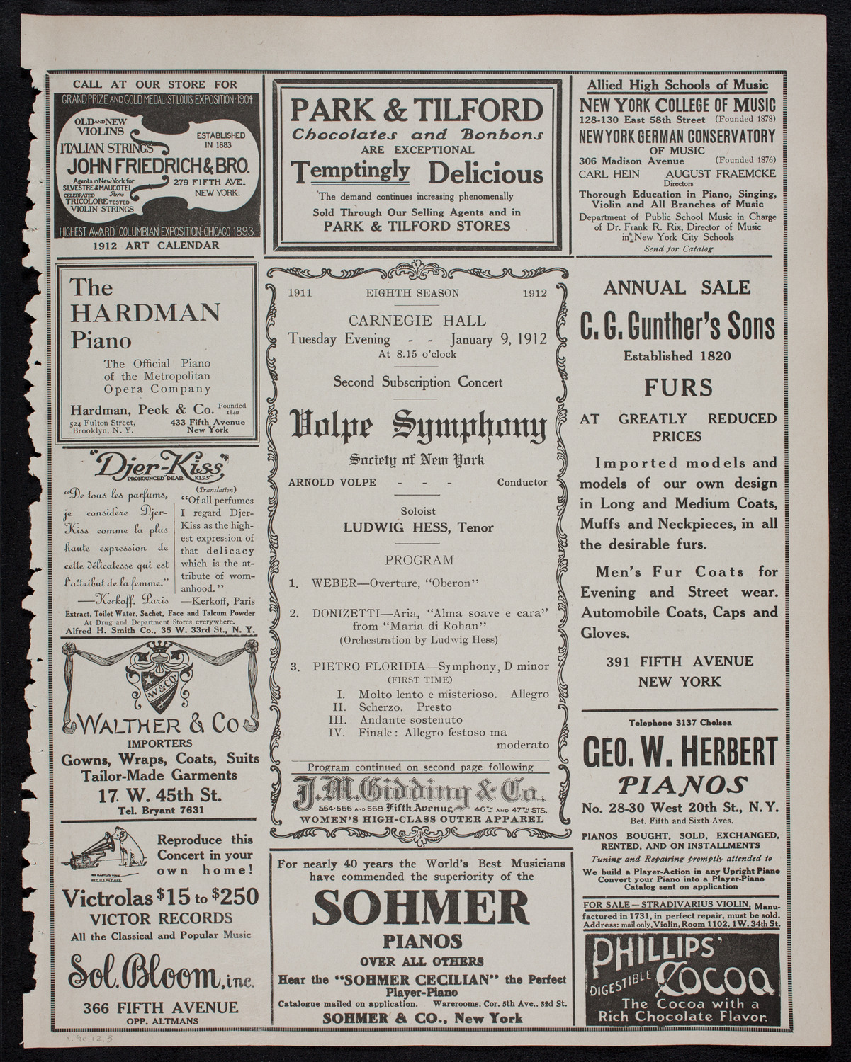 Volpe Symphony Society of New York, January 9, 1912, program page 5