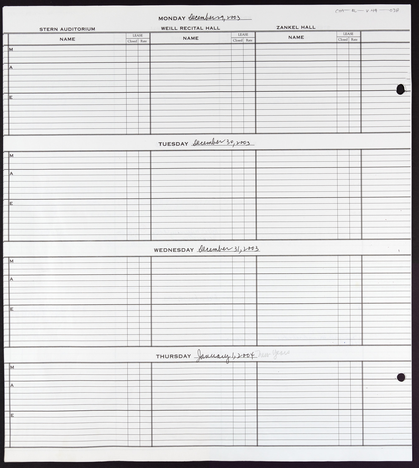 Carnegie Hall Booking Ledger, volume 49, page 38