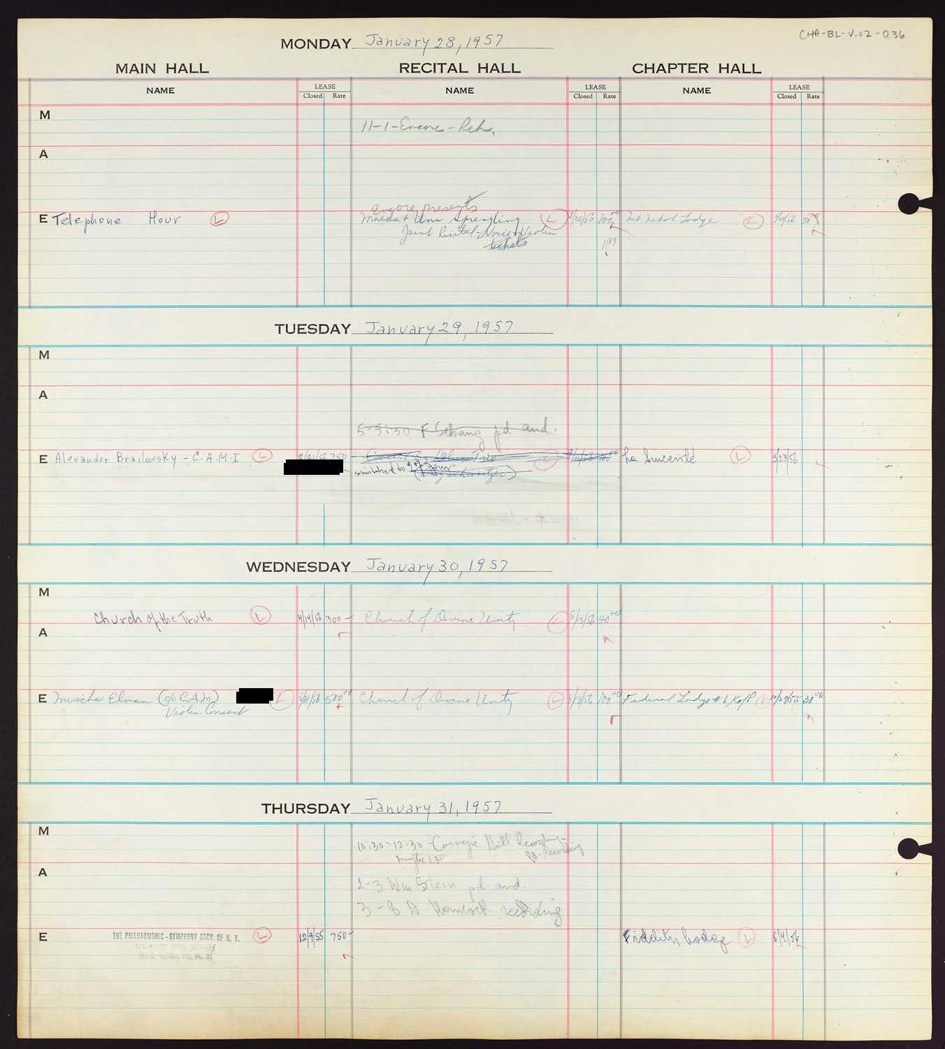 Carnegie Hall Booking Ledger, volume 2, page 36