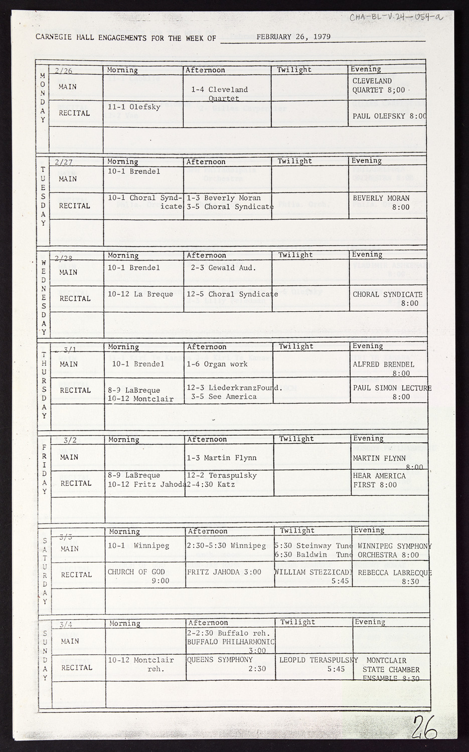 Carnegie Hall Booking Ledger, volume 24, page 54a