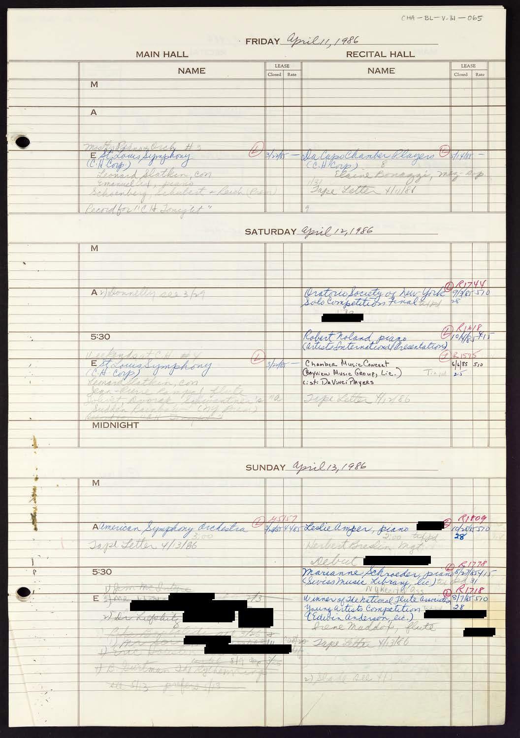 Carnegie Hall Booking Ledger, volume 31, page 65