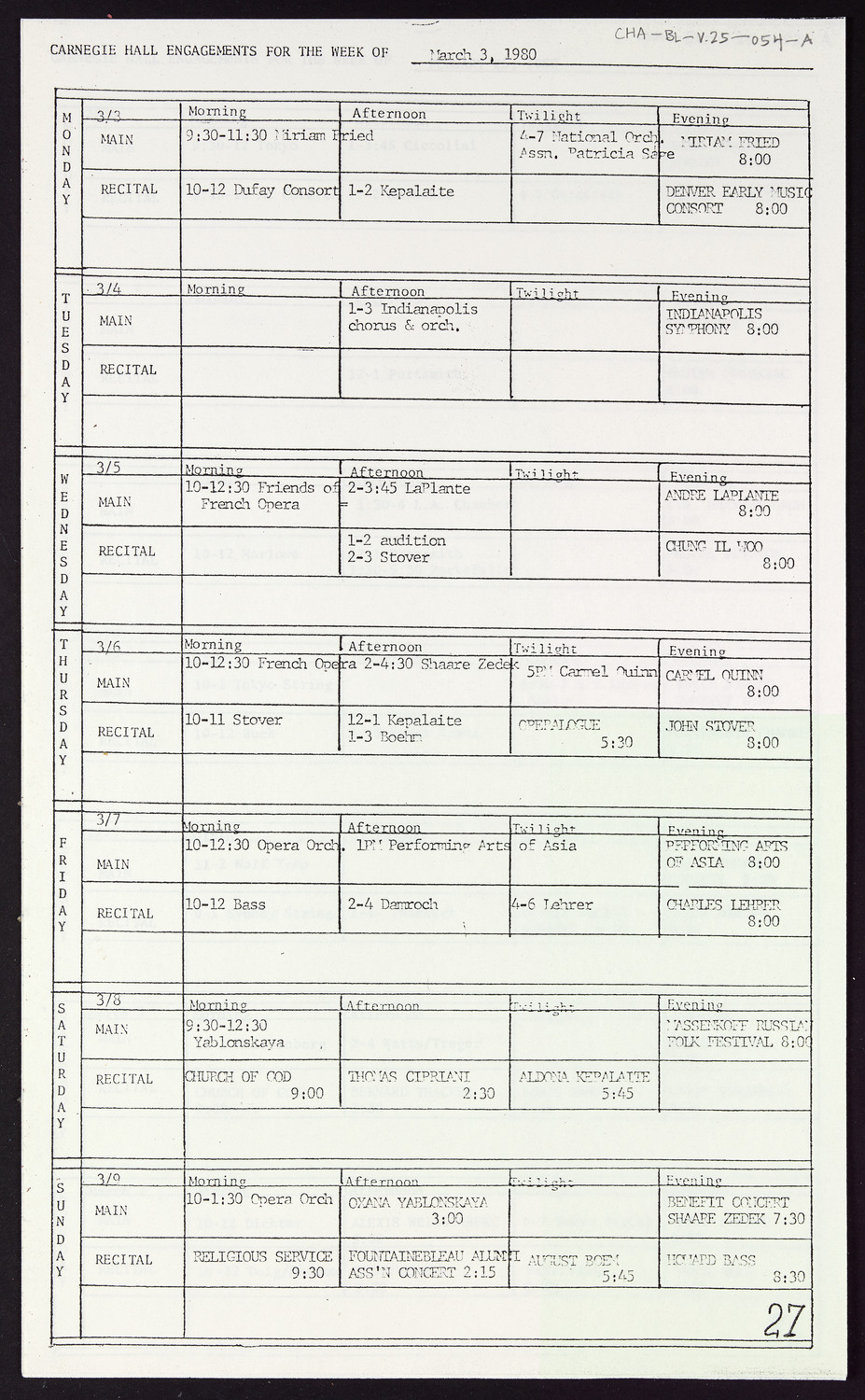 Carnegie Hall Booking Ledger, volume 25, page 54a