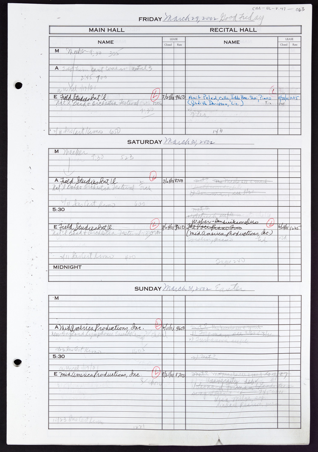 Carnegie Hall Booking Ledger, volume 47, page 63