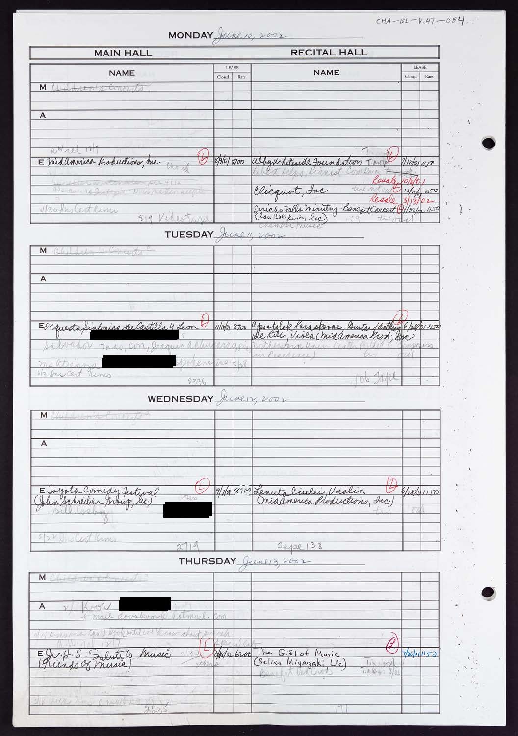 Carnegie Hall Booking Ledger, volume 47, page 84