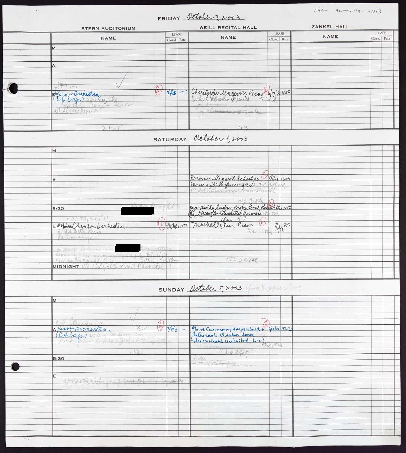 Carnegie Hall Booking Ledger, volume 49, page 13