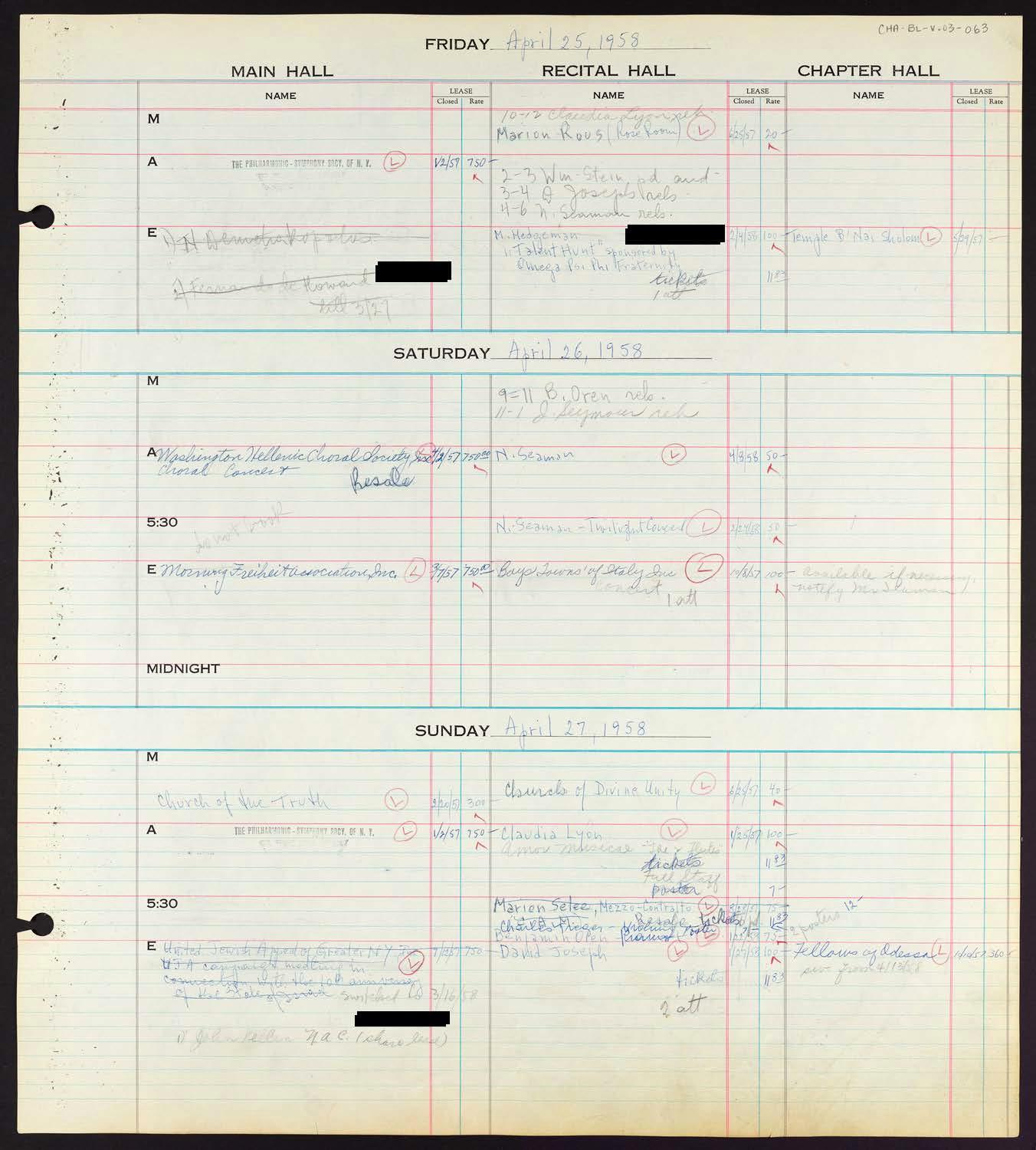 Carnegie Hall Booking Ledger, volume 3, page 63