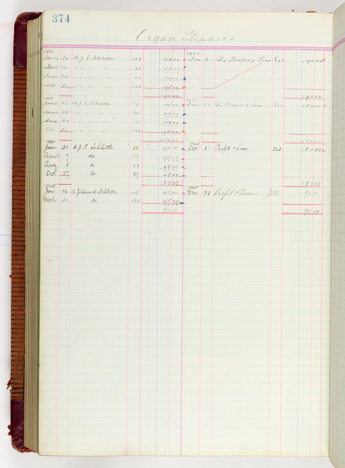 Music Hall Accounting Ledger Journal, volume 6, page 374