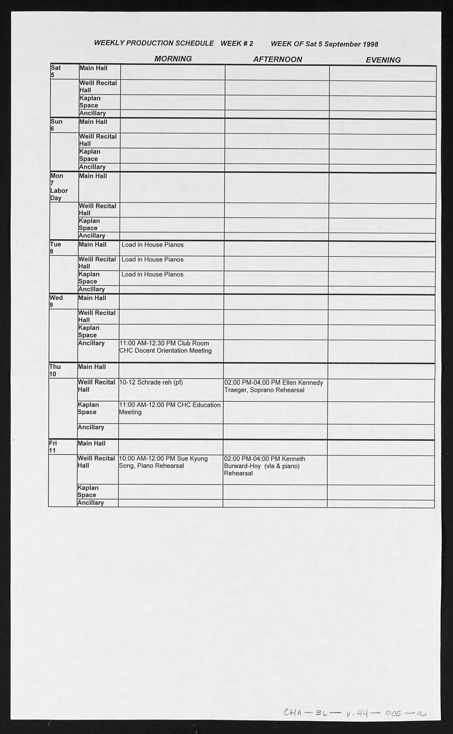 Carnegie Hall Booking Ledger, volume 44, page 5a