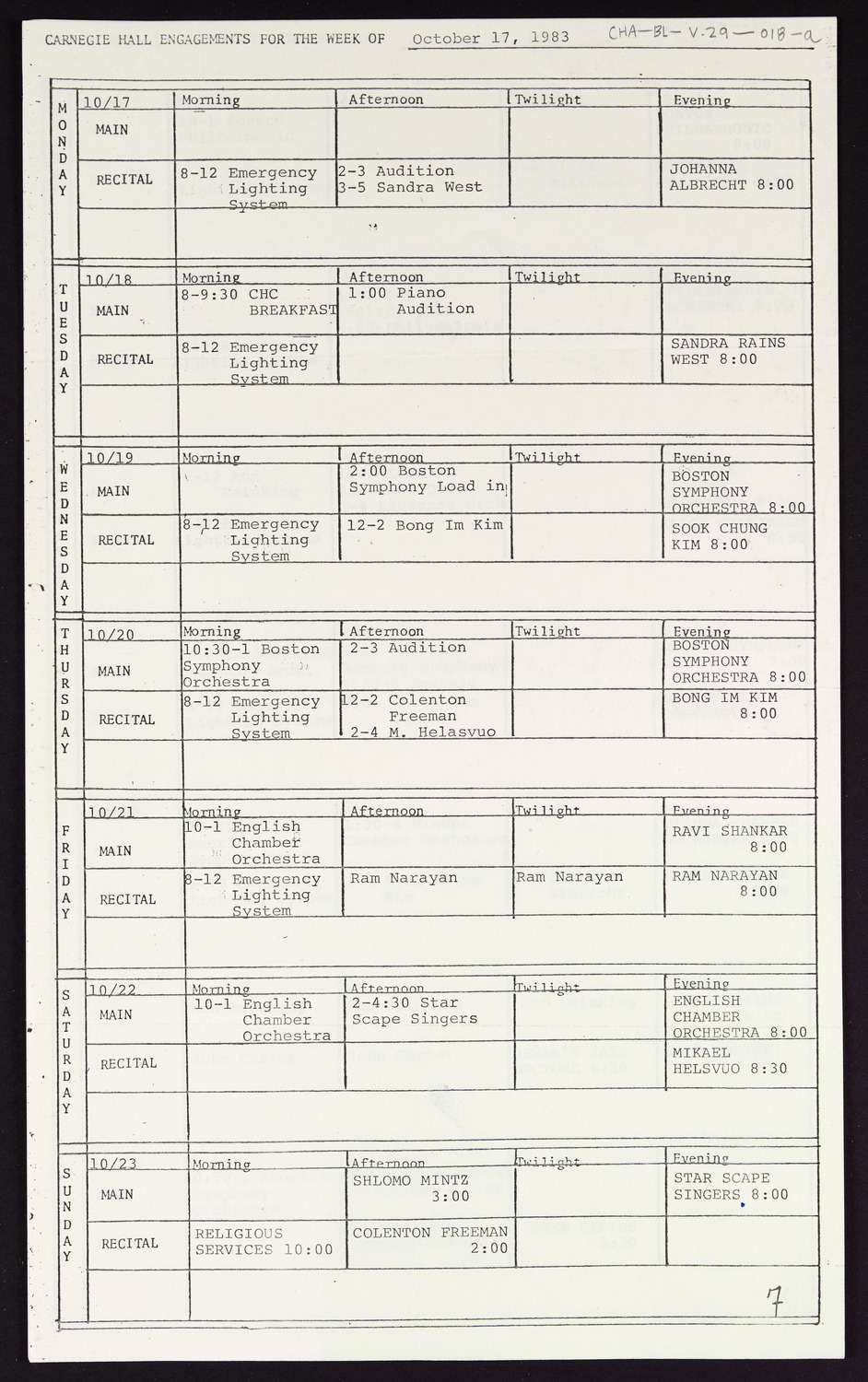 Carnegie Hall Booking Ledger, volume 29, page 18a