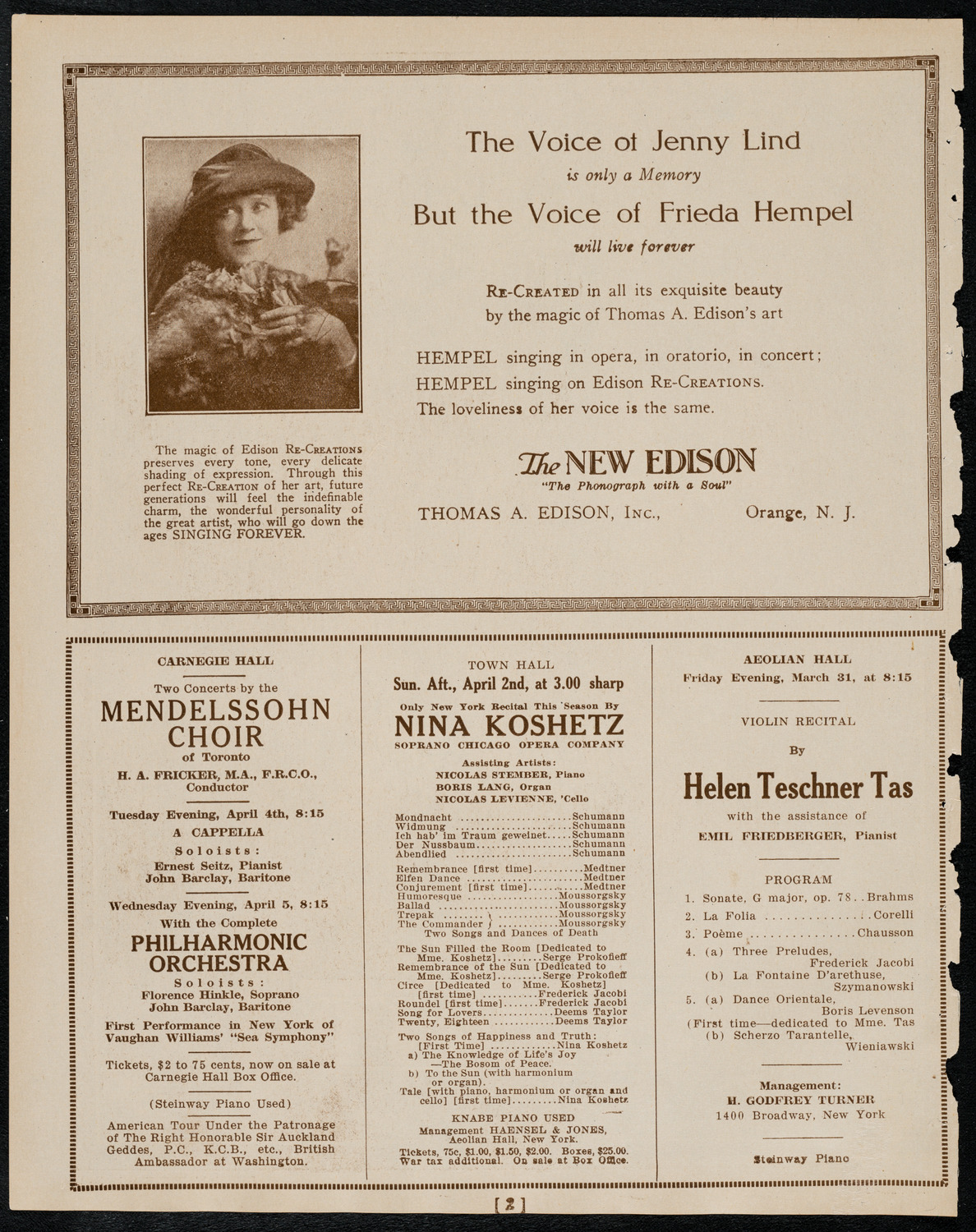 New York Philharmonic, March 26, 1922, program page 2