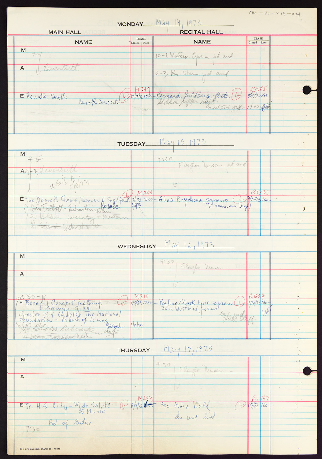 Carnegie Hall Booking Ledger, volume 18, page 74