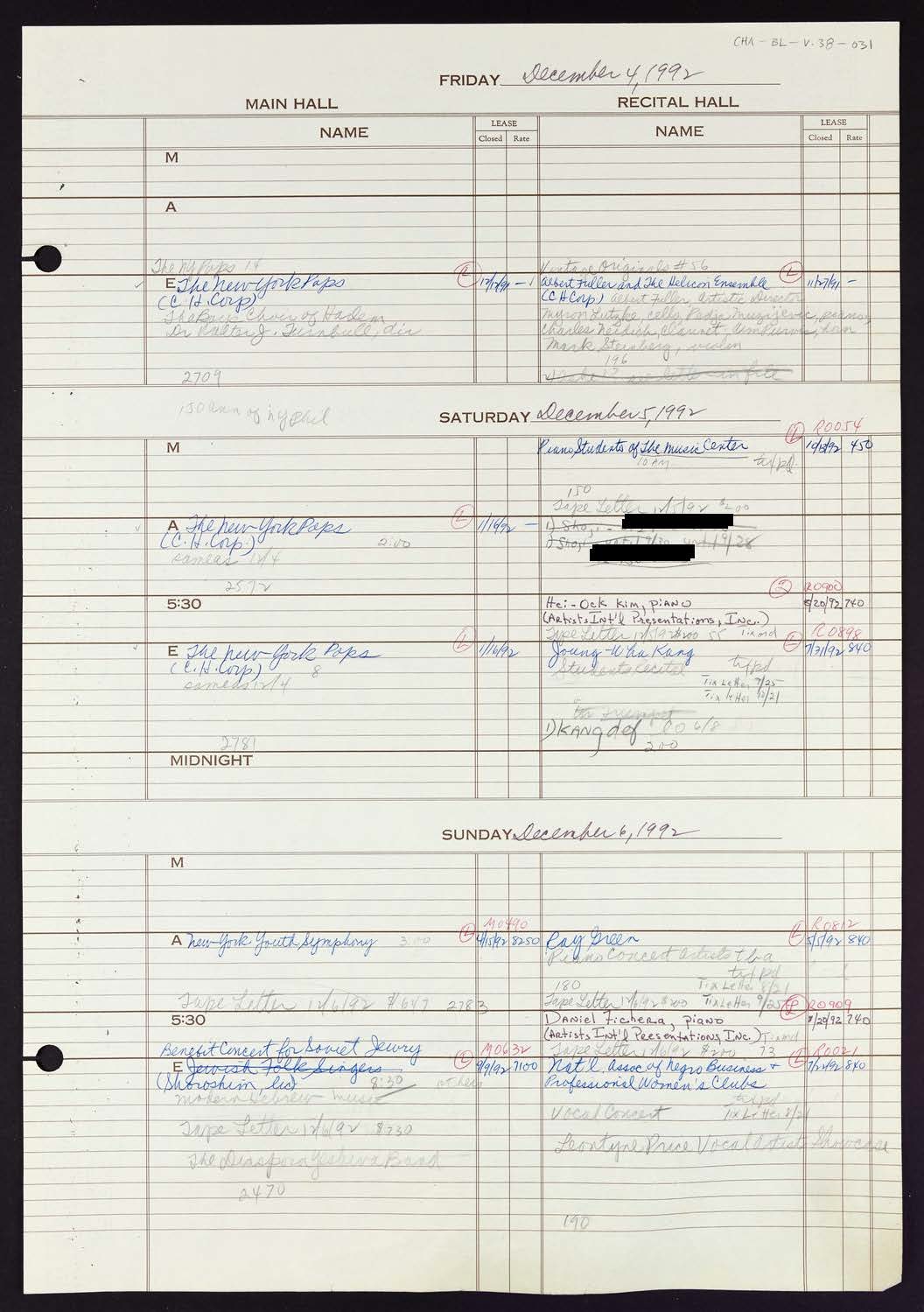 Carnegie Hall Booking Ledger, volume 38, page 31