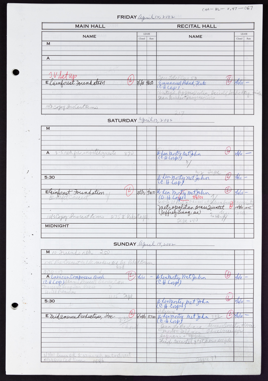 Carnegie Hall Booking Ledger, volume 47, page 67