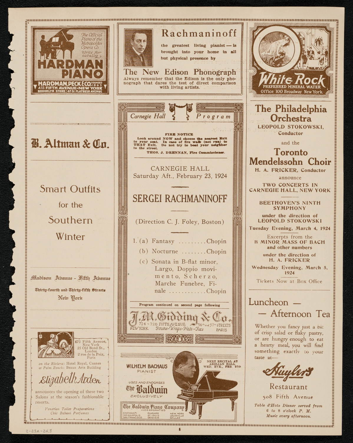 Sergei Rachmaninoff, Piano, February 23, 1924, program page 5