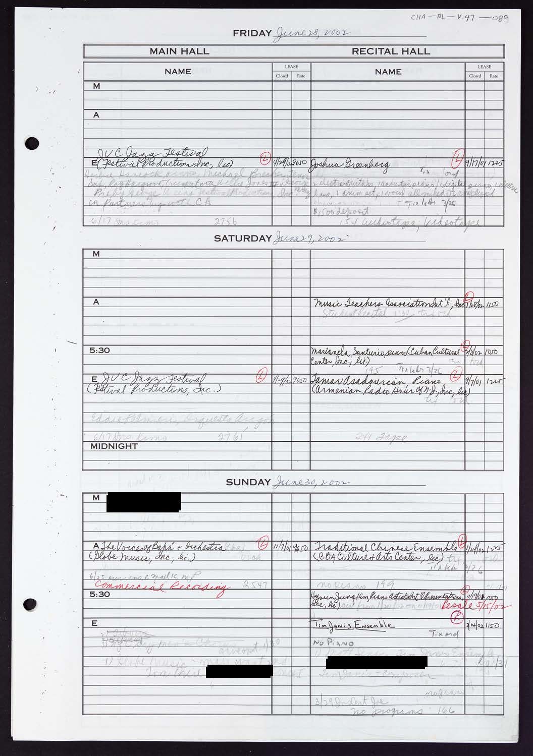 Carnegie Hall Booking Ledger, volume 47, page 89